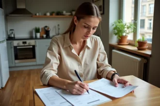 Locataire d'un meublé examinant ses charges locatives et factures dans un appartement meublé parisien