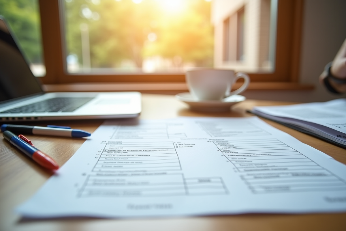 Liste de vérification avec papiers et café au matin