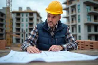 Chef de chantier en gilet jaune examinant des plans architecturaux devant un immeuble résidentiel en construction