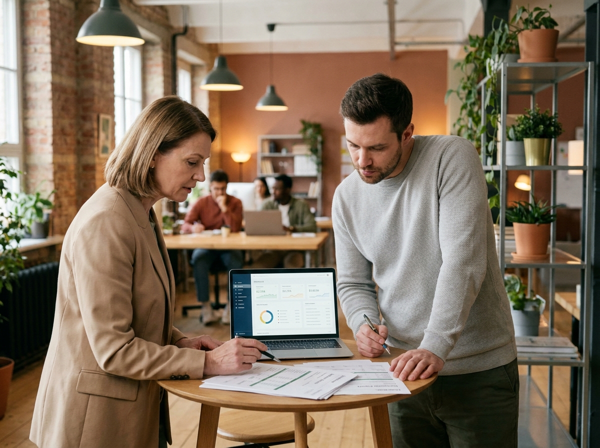 Deux professionnels analysant des rapports de coûts pour optimiser la qualité de service en entreprise