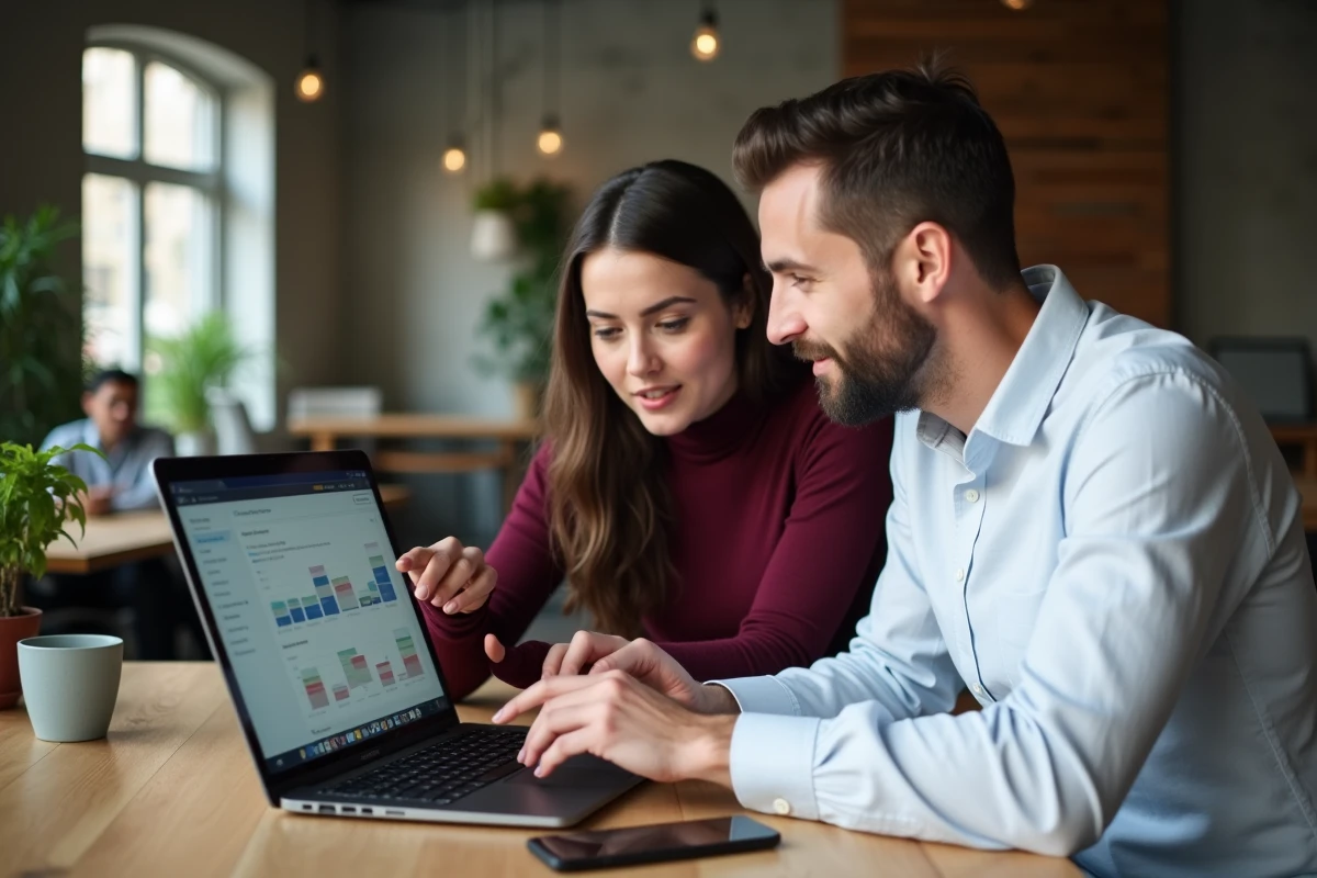 Deux collègues collaborant sur les impacts des nouvelles fonctionnalités Playiad IAD 2026 autour d'un ordinateur portable en espace de coworking