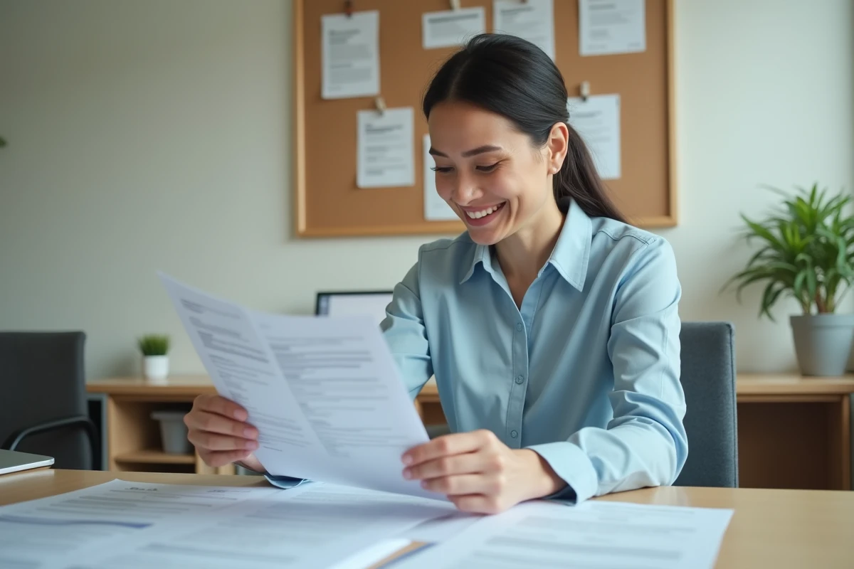 Femme examinant des documents de demande de logement social dans un bureau administratif