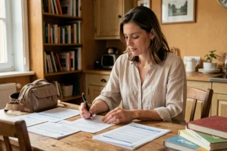 Femme comparant des documents d'assurance scolaire et habitation à une table en bois dans une maison familiale