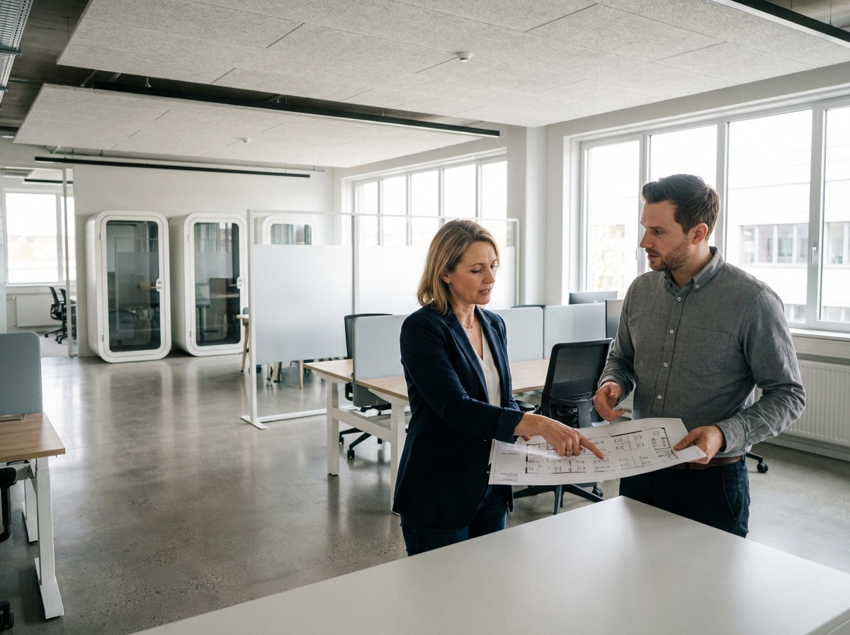 Deux professionnels évaluent l'agencement d'un espace de bureaux en open space avec cloisons modulables et pods de réunion