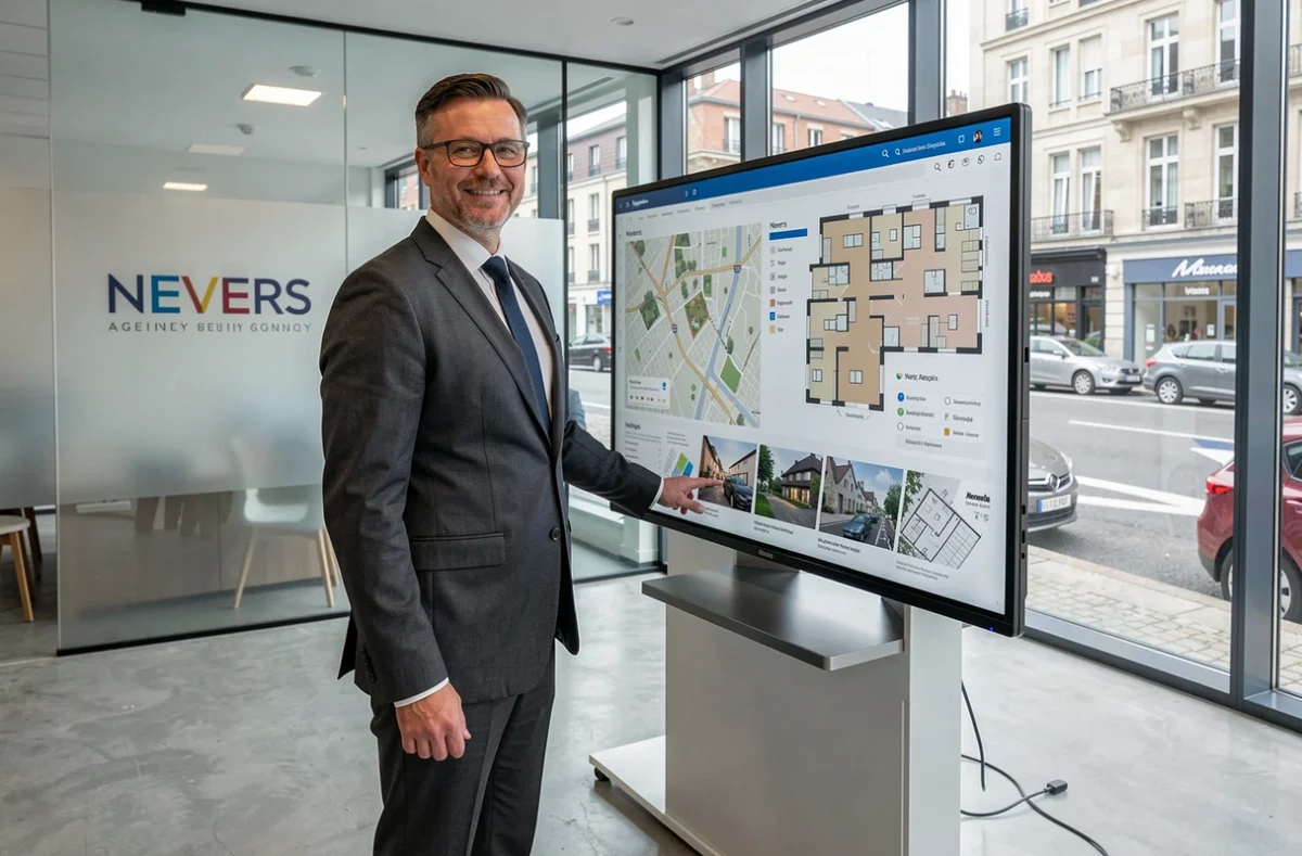 Conseiller de Conort Immobilier présentant des plans d'appartements sur écran tactile dans l'agence de Nevers