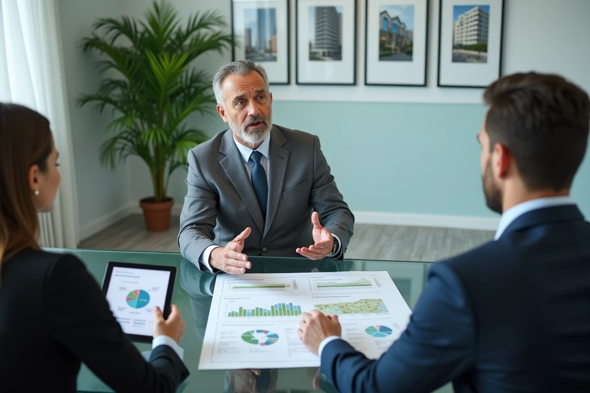 Conseiller immobilier présentant une analyse de projet de logement à des clients en salle de réunion