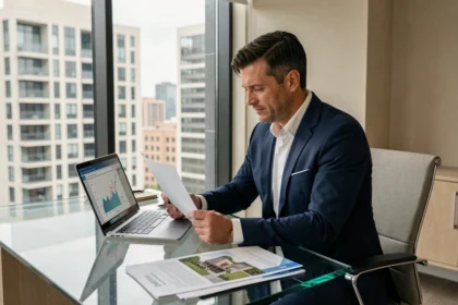 Conseiller en investissement immobilier analysant des documents dans un bureau moderne avec vue sur la ville