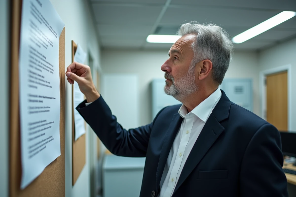 Conseiller en logement social expliquant les étapes de la commission d'attribution devant un tableau d'informations