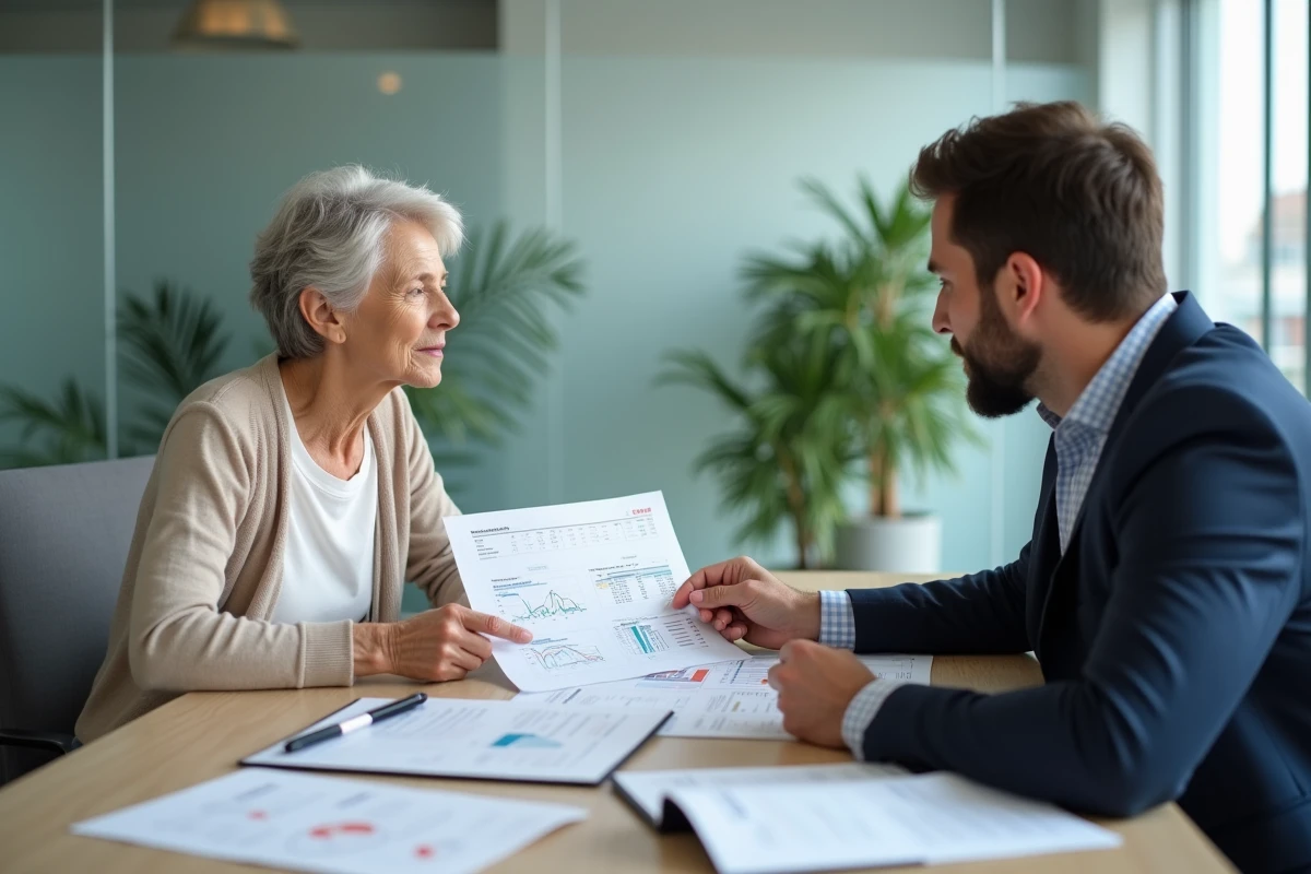 Conseiller immobilier expliquant un simulateur viager Excel à une cliente senior dans une agence immobilière