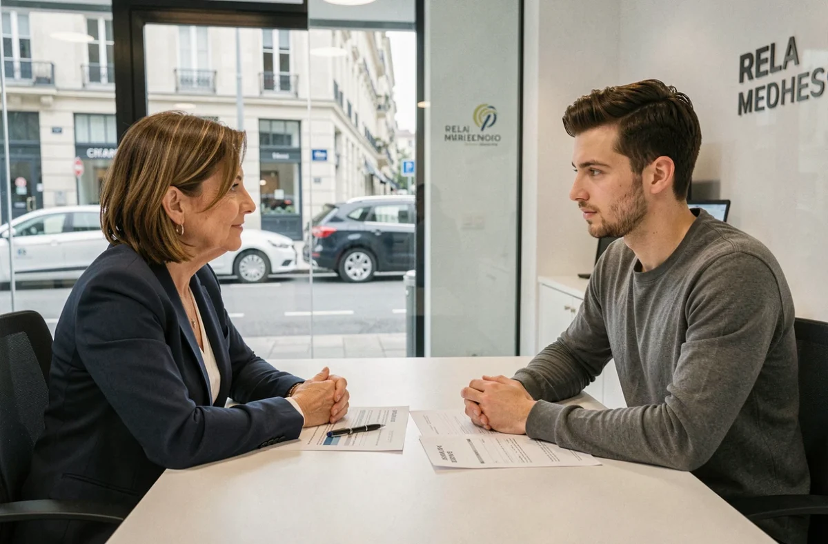 Conseillère immobilière présentant des simulations de prêt à un acheteur dans une agence française