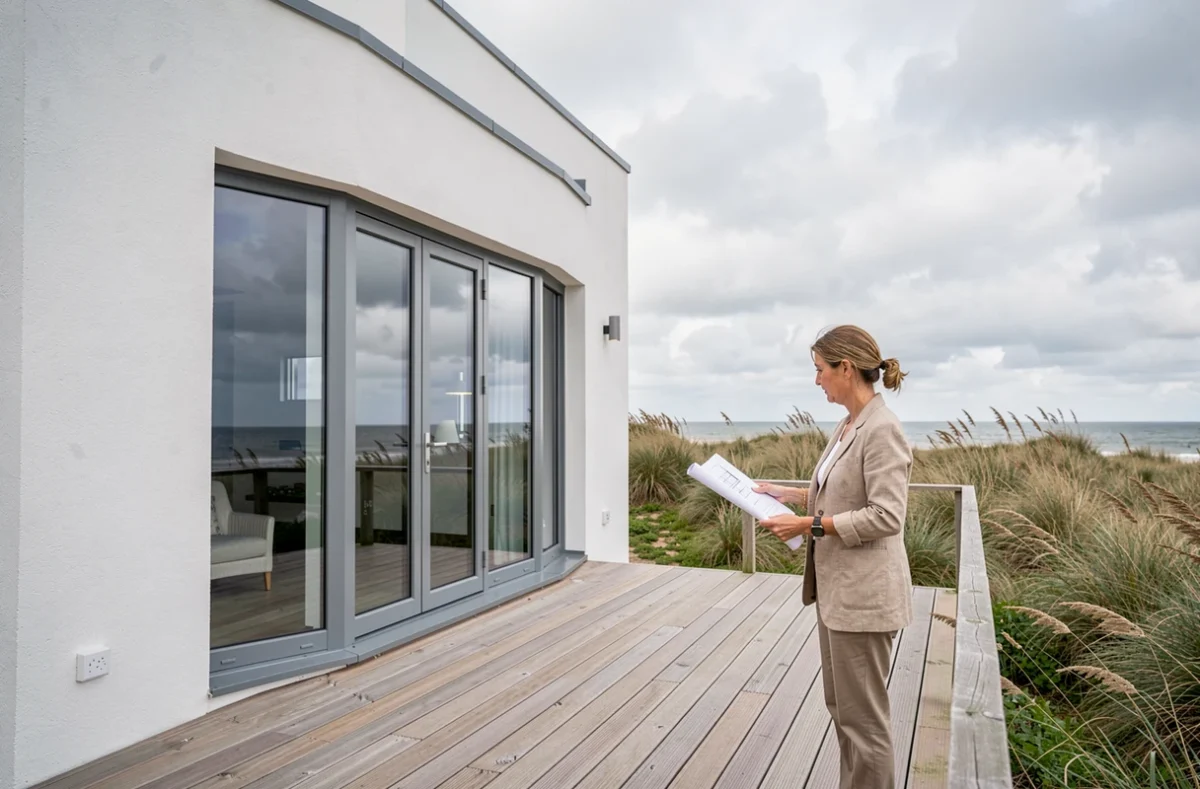 Construction récente en Normandie avec vue sur la mer, maison contemporaine avec baies vitrées et terrasse en bois