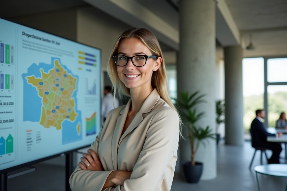 Consultante en investissement immobilier analysant des données de marché parisien sur écran interactif