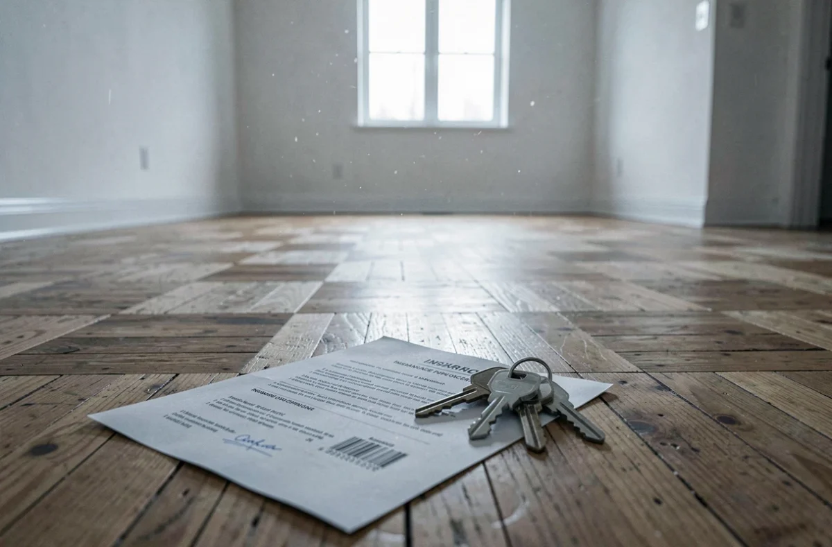 Contrat d'assurance PNO et clés posés sur le parquet d'un appartement vide non occupé par le propriétaire