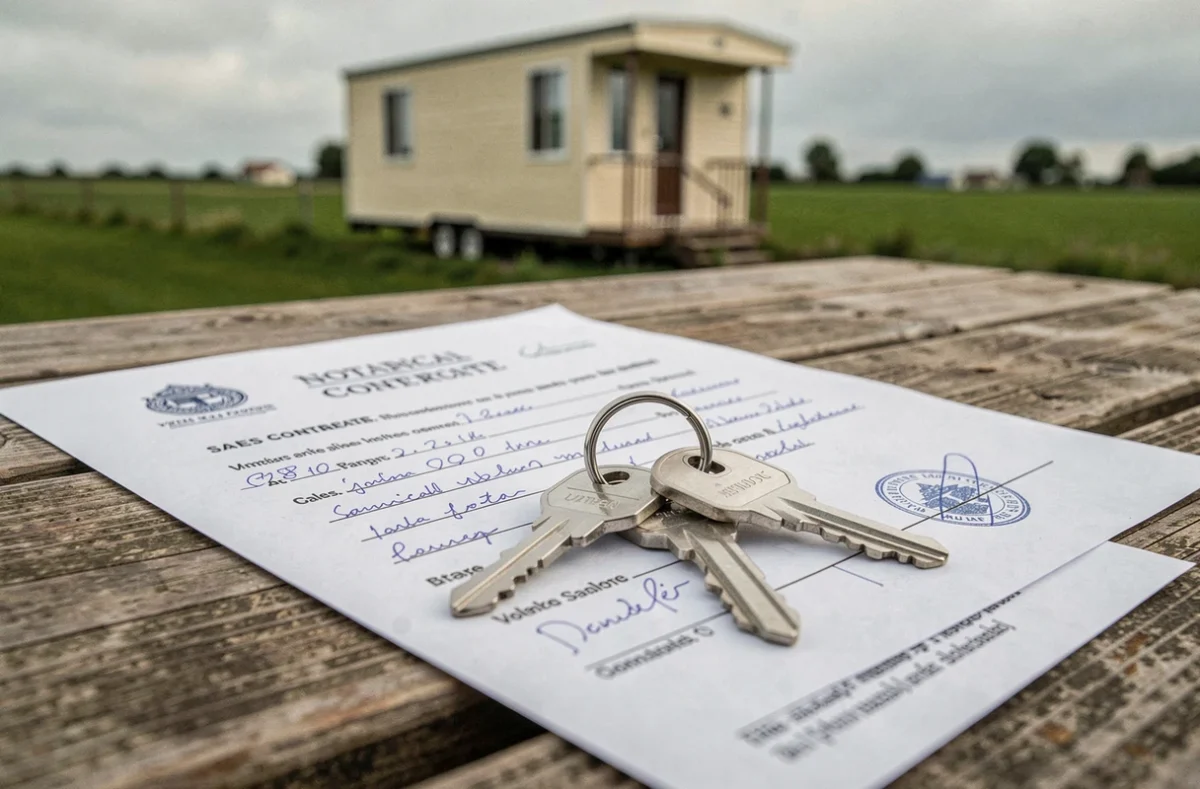 Contrat de vente notarié et clés posés sur une table en bois avec un mobil home en Vendée en arrière-plan flou