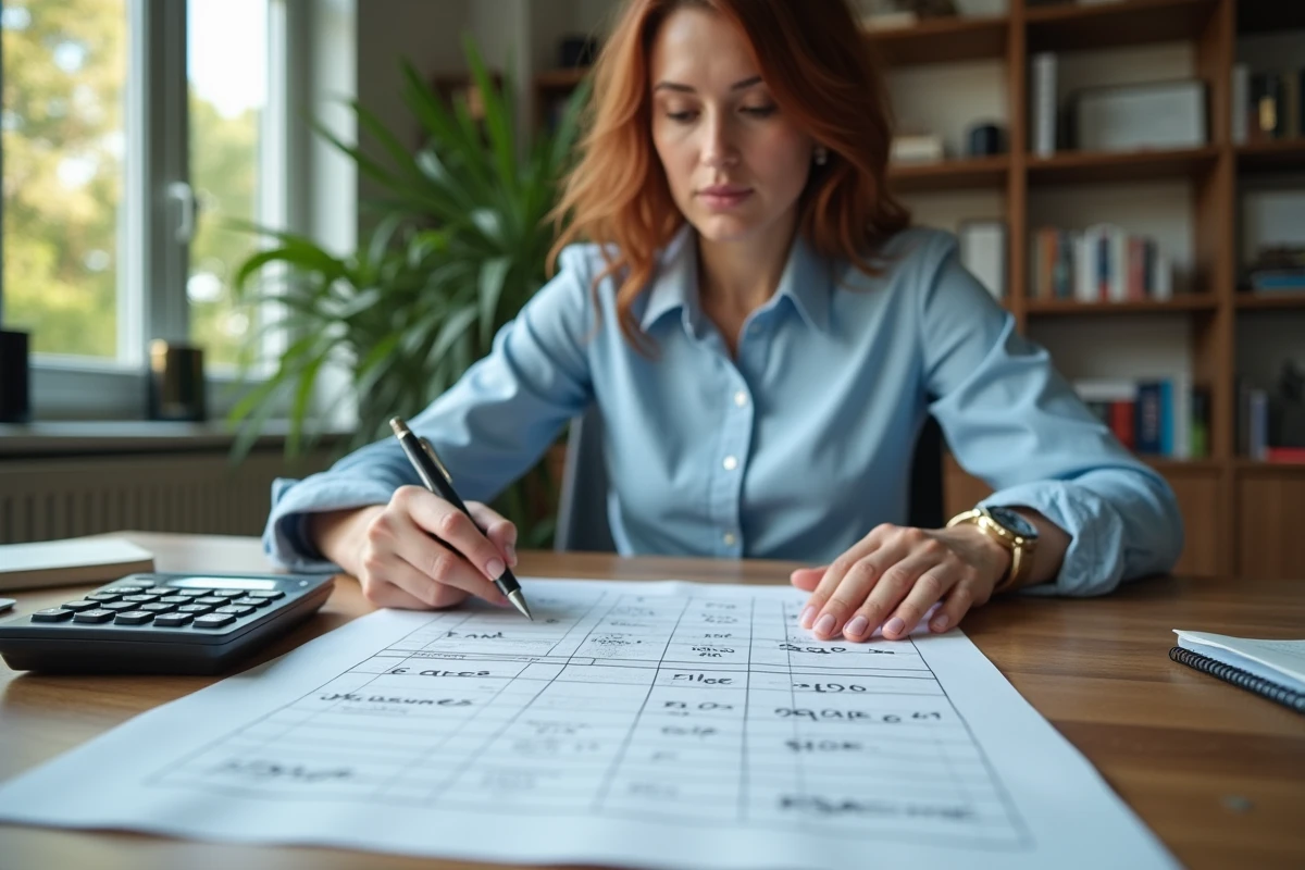 Femme calculant la conversion d'ares en mètres carrés avec documents et calculatrice sur un bureau en bois