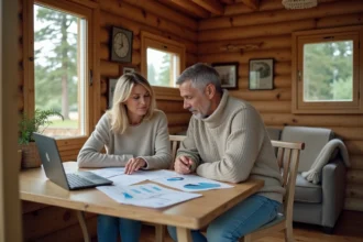 Couple consultant des documents financiers pour calculer le coût annuel d'un chalet en PRL