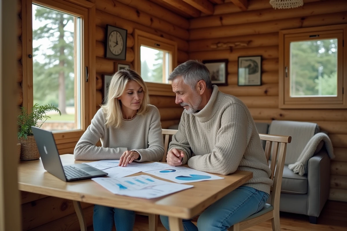Couple consultant des documents financiers pour calculer le coût annuel d'un chalet en PRL