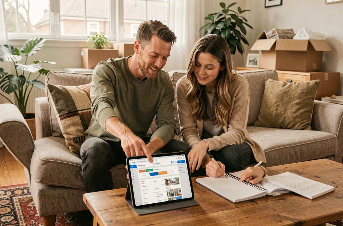 Couple comparant des annonces immobilières sur une tablette posée sur une table basse entourés de cartons de déménagement