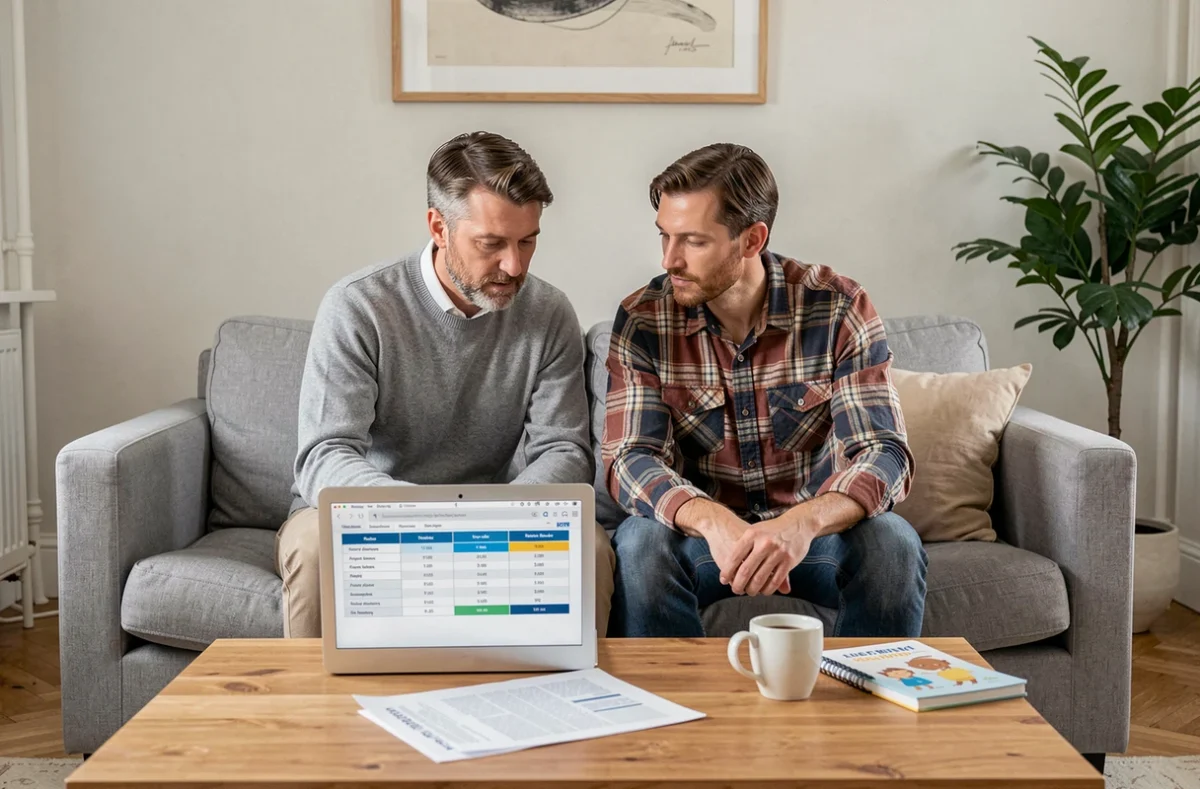 Couple consultant un comparateur d'assurances sur ordinateur portable dans un salon moderne avec documents familiaux