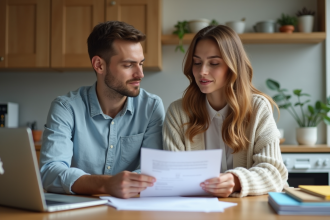 Jeune couple examinant des documents d'assurance à la maison