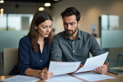 Couple en train d'examiner un dossier de crédit immobilier avec un conseiller bancaire dans une agence moderne