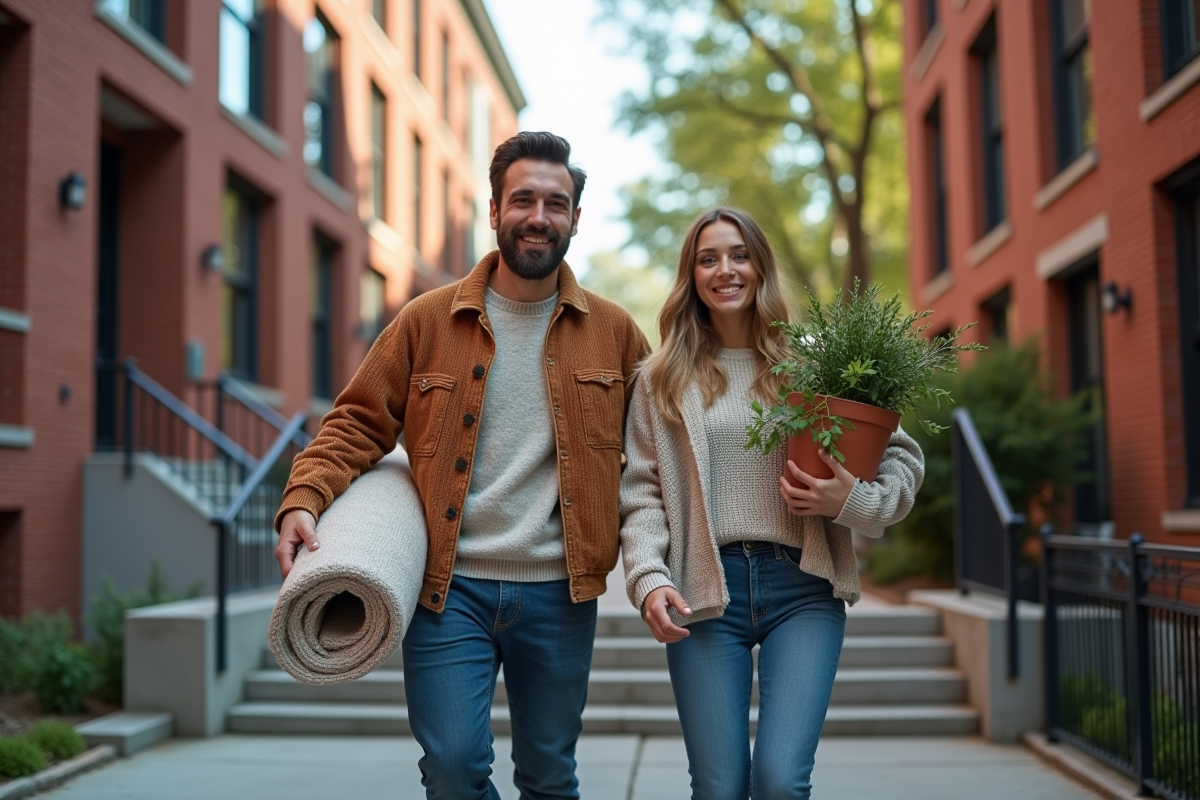 Jeune couple portant tapis et plante dans la rue