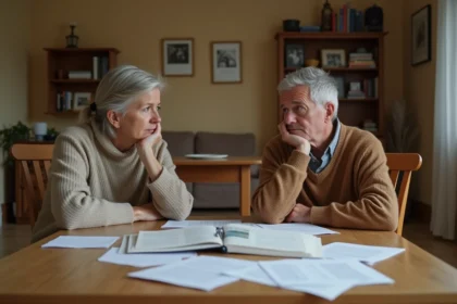 Couple en instance de divorce assis à une table avec des documents juridiques dans une maison familiale du Morbihan