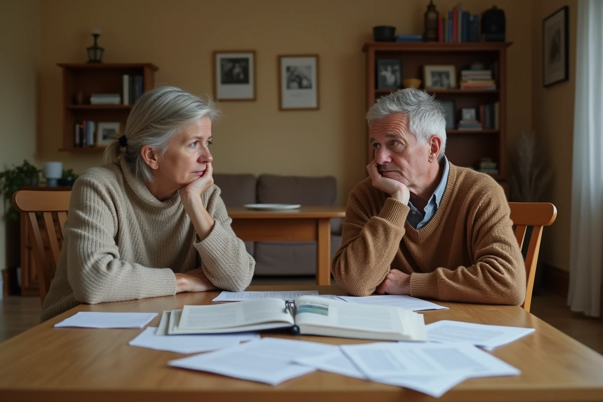 Couple en instance de divorce assis à une table avec des documents juridiques dans une maison familiale du Morbihan