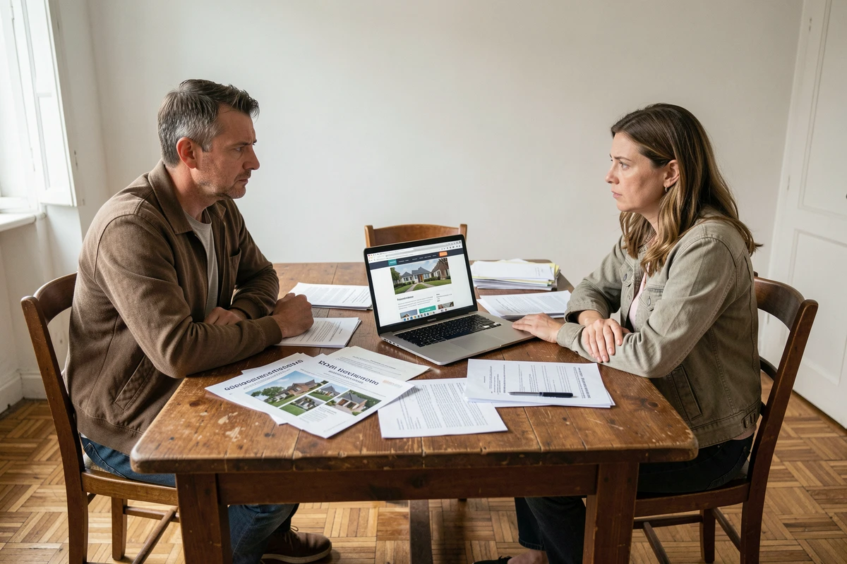 Couple en situation de divorce discutant de la vente urgente de leur maison autour de documents immobiliers