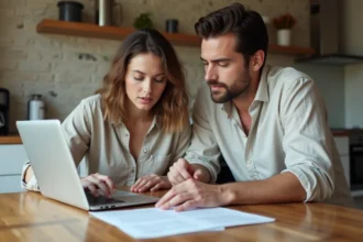 Couple examinant des documents de location dans un appartement lyonnais avec parquet et murs en pierre