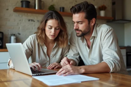 Couple examinant des documents de location dans un appartement lyonnais avec parquet et murs en pierre