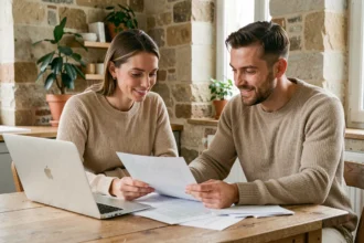 Couple examinant des documents de financement immobilier à la table de leur maison en France