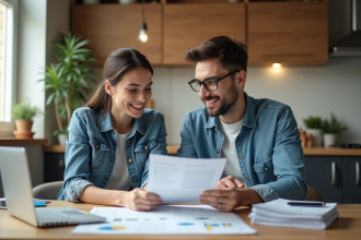 Jeune couple discutant de finances à la maison