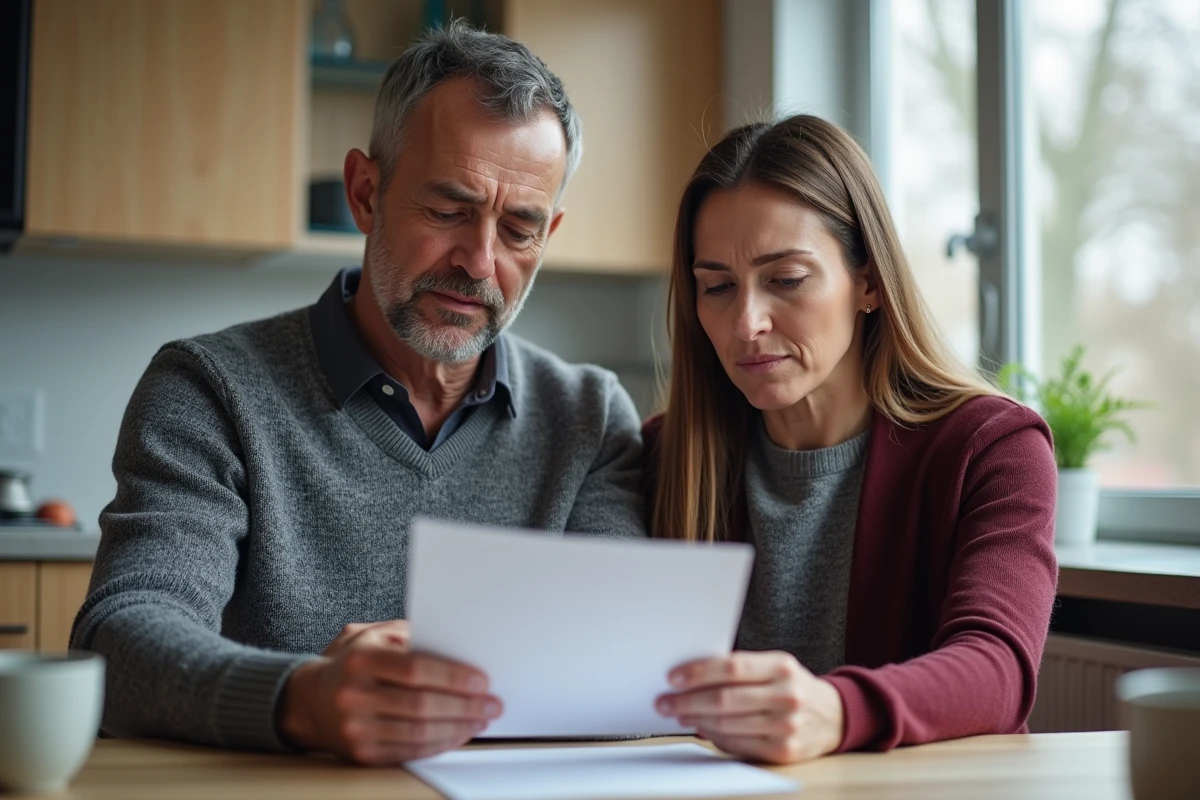 Couple lisant une lettre d'attribution de logement social à leur table de cuisine