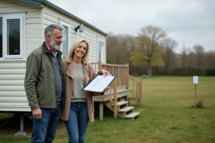 Couple devant une maison mobile neuve sur terrain privé