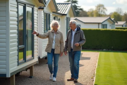 Couple souriant examinant une maison mobile moderne en camping