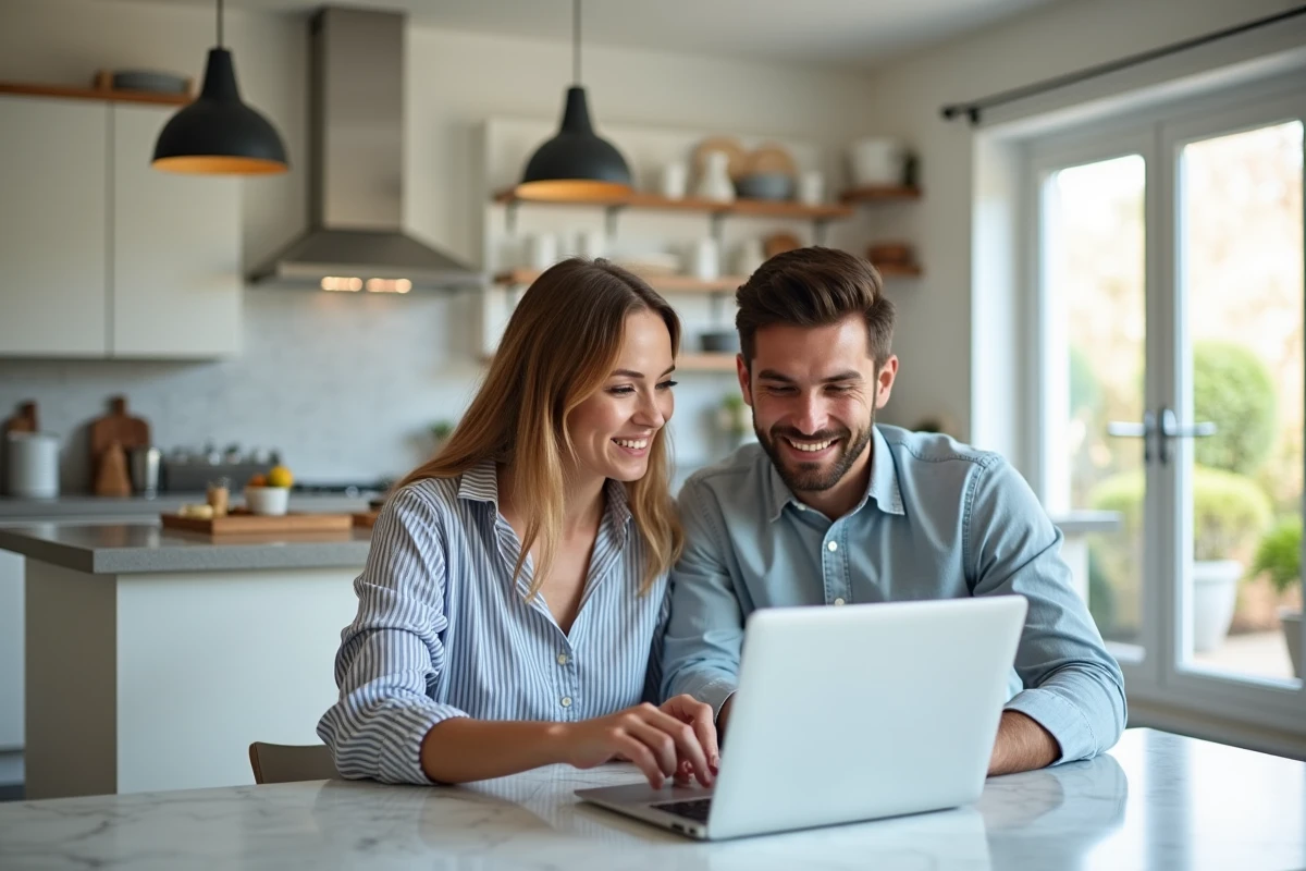Couple de propriétaires consultant un logiciel d'estimation immobilière en ligne sur ordinateur portable dans leur cuisine moderne