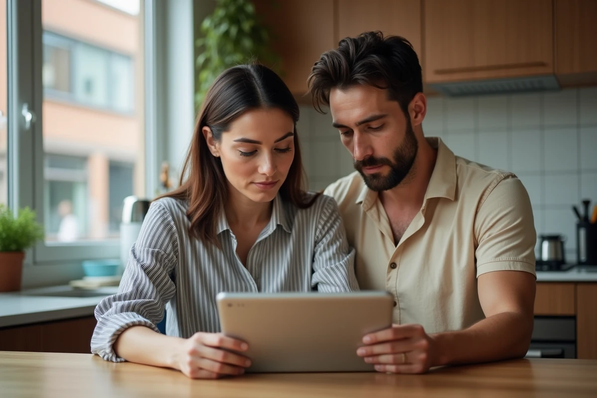 Couple recherchant un logement disponible ensemble sur une tablette avec des filtres de recherche immobilière avancés