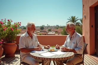 Couple de retraités français consultant des documents immobiliers sur une terrasse de riad à Marrakech