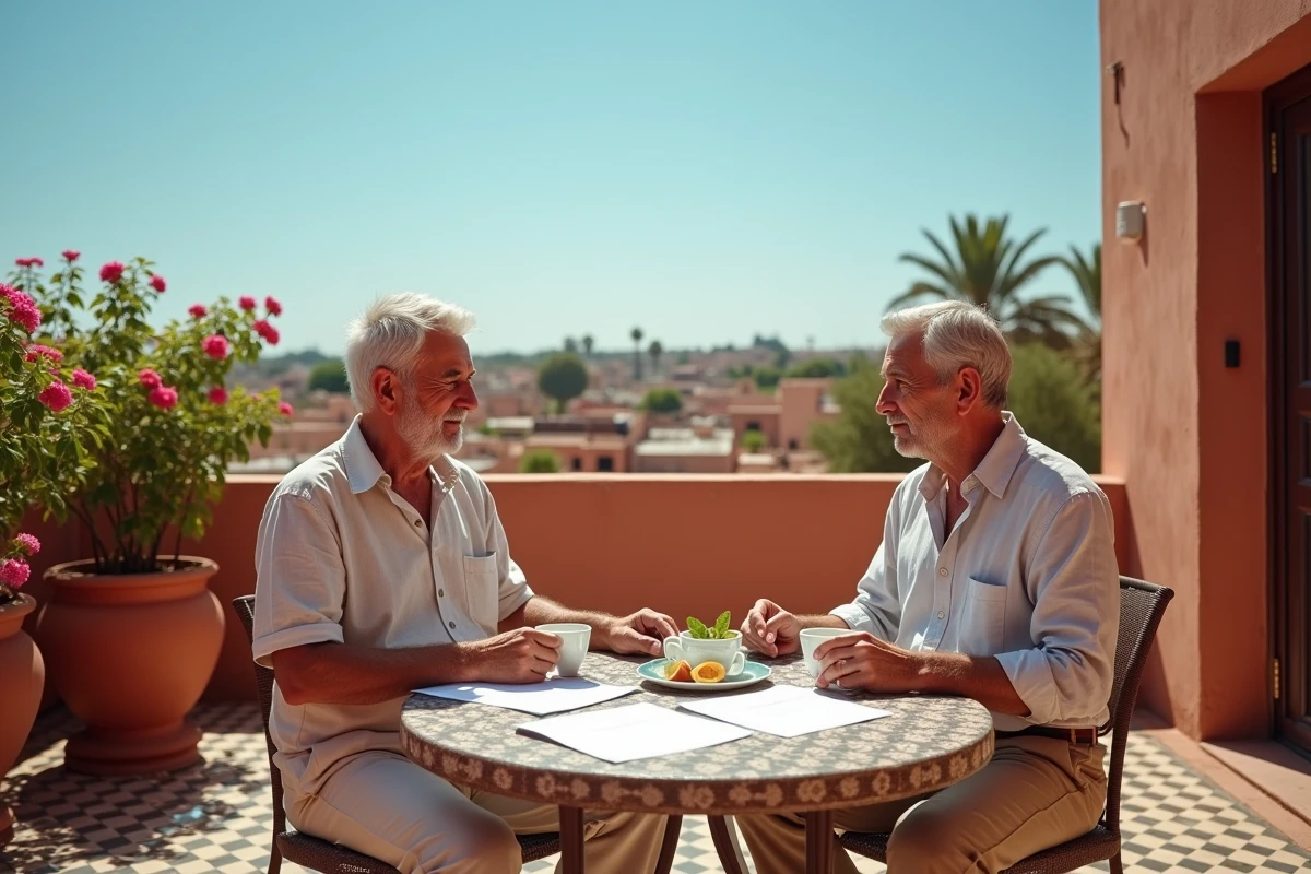 Couple de retraités français consultant des documents immobiliers sur une terrasse de riad à Marrakech
