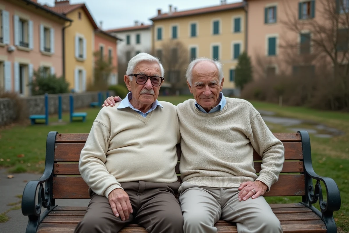Couple retraité assis sur un banc dans un quartier ancien de Nice
