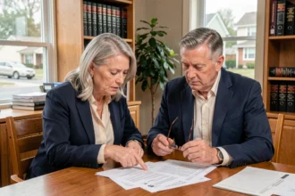 Couple de seniors examinant des documents de transmission immobilière d'un bien Scellier intermédiaire à domicile