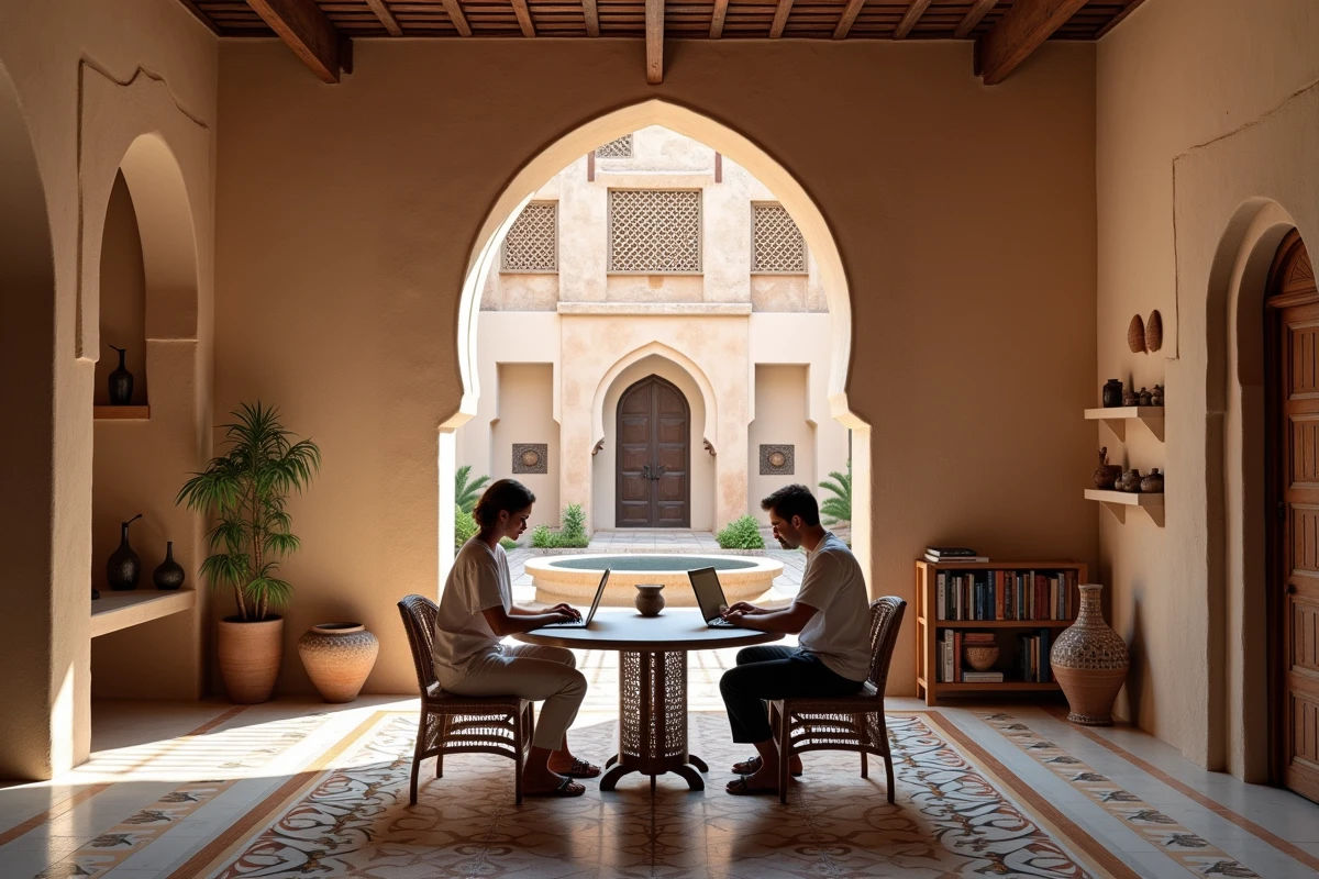 Couple en location longue durée dans une villa riad à Essaouira alliant télétravail et art de vivre marocain