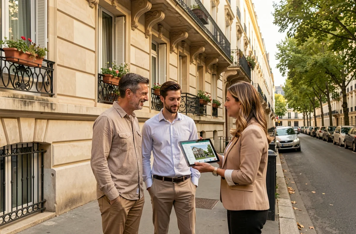 Couple visitant un appartement avec une agente immobilière devant un immeuble haussmannien en France