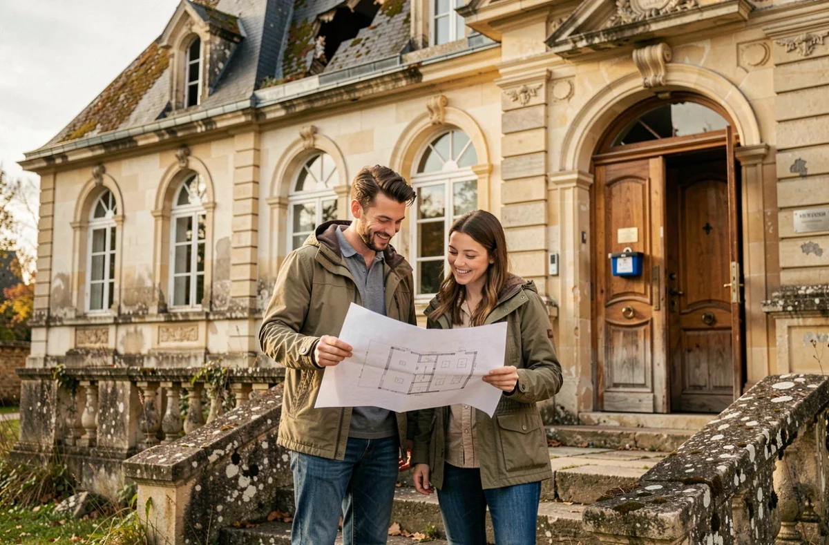 Couple visitant un manoir abandonné à vendre en Île-de-France pour un projet de chambre d'hôtes ou gîte rural