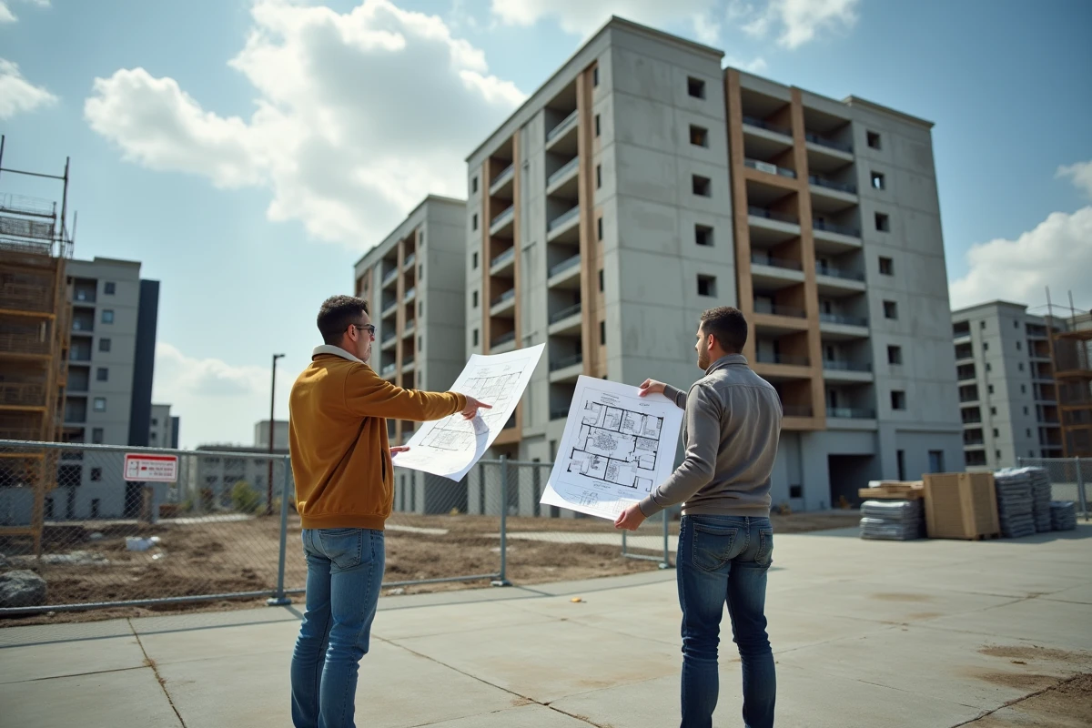 Couple examinant les plans d'un projet résidentiel neuf devant un immeuble en construction avant signature