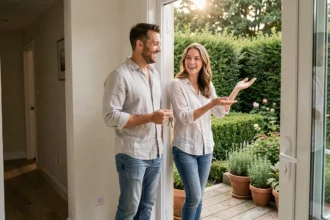 Couple découvrant un appartement T3 en rez-de-jardin avec terrasse privée et jardin verdoyant