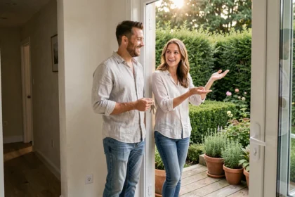 Couple découvrant un appartement T3 en rez-de-jardin avec terrasse privée et jardin verdoyant