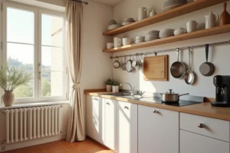 Cuisine équipée d'un appartement meublé avec vaisselle, ustensiles et électroménager inclus dans la liste de location