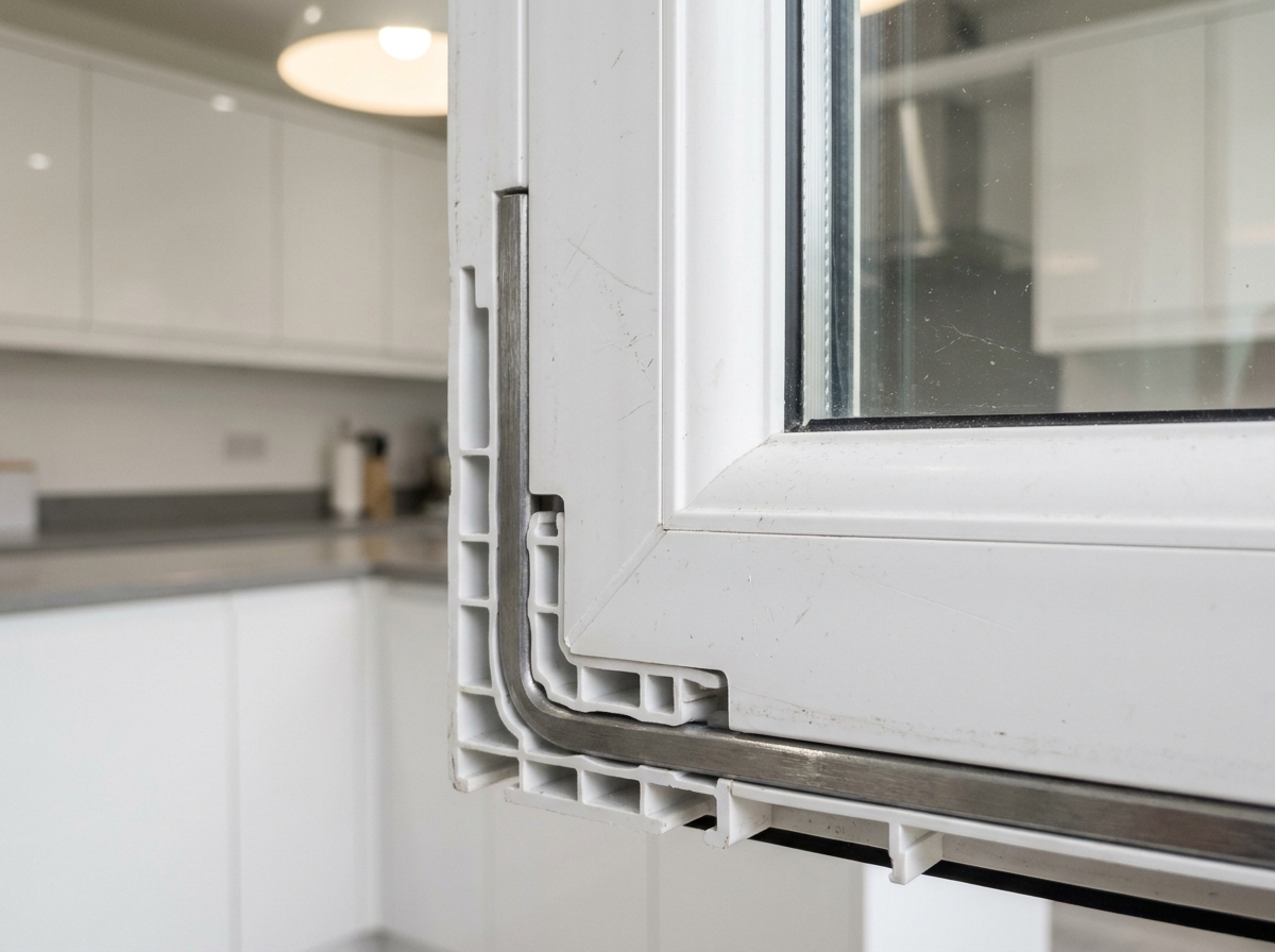 Gros plan sur le profilé renforcé en acier d'une fenêtre anti-intrusion avec vitrage feuilleté pour sécuriser une maison